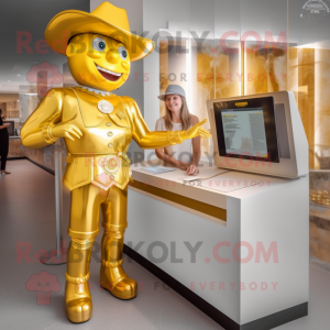 Gold Cowboy mascot costume character dressed with a Pencil Skirt and Watches