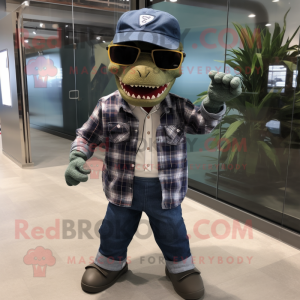 Navy Tyrannosaurus mascot costume character dressed with a Flannel Shirt and Sunglasses