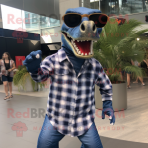 Navy Tyrannosaurus mascot costume character dressed with a Flannel Shirt and Sunglasses