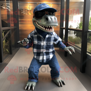 Navy Tyrannosaurus mascot costume character dressed with a Flannel Shirt and Sunglasses