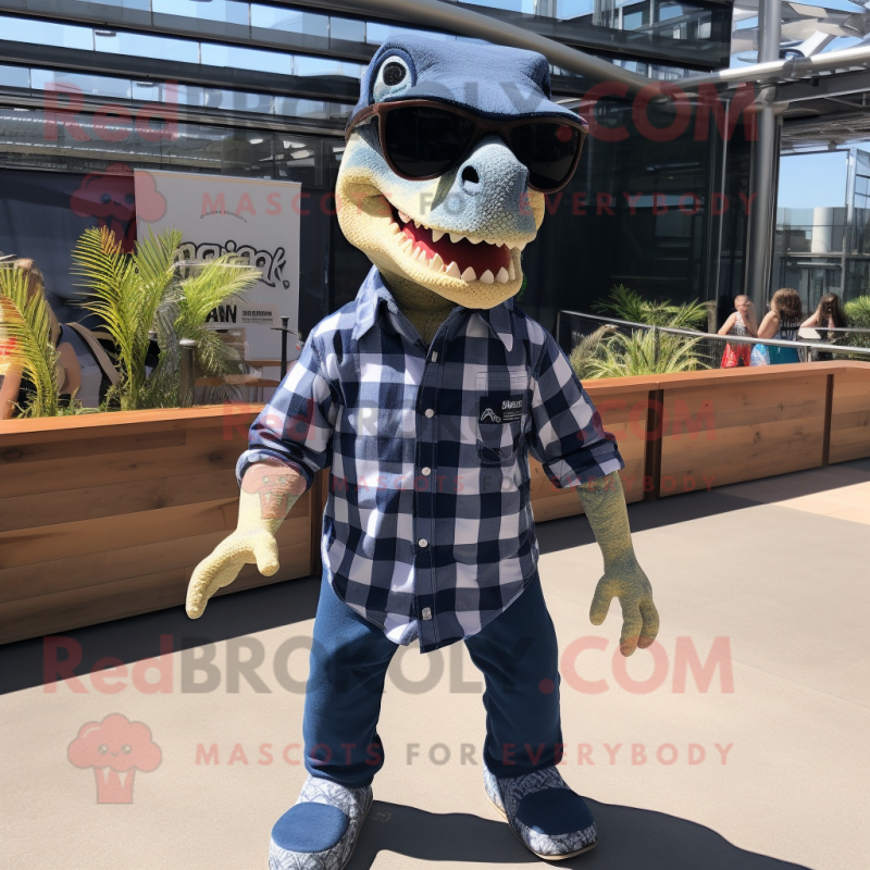 Navy Tyrannosaurus mascot costume character dressed with a Flannel Shirt and Sunglasses