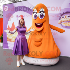 Lavender Currywurst mascot costume character dressed with a Skirt and Rings