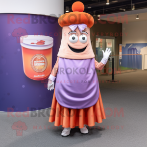 Lavender Currywurst mascot costume character dressed with a Skirt and Rings