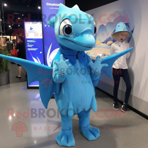 Sky Blue Pterodactyl mascot costume character dressed with a Raincoat and Smartwatches