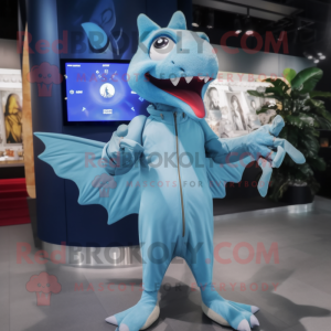 Sky Blue Pterodactyl mascot costume character dressed with a Raincoat and Smartwatches