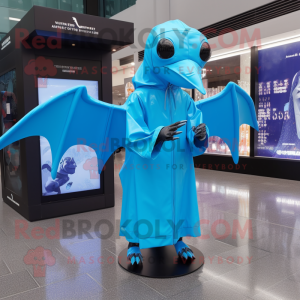 Sky Blue Pterodactyl mascot costume character dressed with a Raincoat and Smartwatches