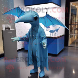 Sky Blue Pterodactyl mascot costume character dressed with a Raincoat and Smartwatches