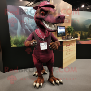 Maroon Parasaurolophus mascot costume character dressed with a Trousers and Necklaces