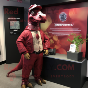 Maroon Parasaurolophus mascot costume character dressed with a Trousers and Necklaces