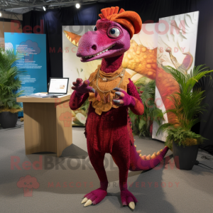 Maroon Parasaurolophus mascot costume character dressed with a Trousers and Necklaces