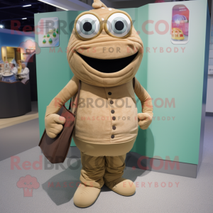 Tan Cod mascot costume character dressed with a Turtleneck and Handbags