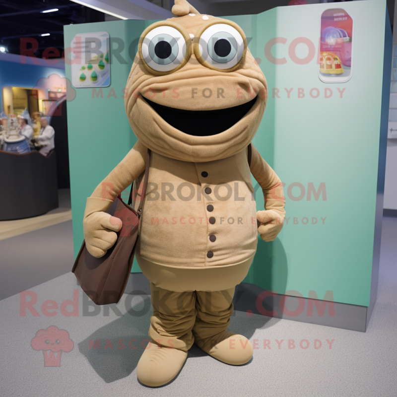 Tan Cod mascot costume character dressed with a Turtleneck and Handbags Tan Cod mascot costume character dressed with a Turtleneck and Handbags