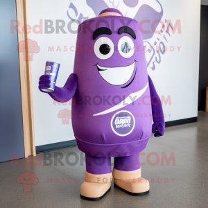 Purple Soda Can mascot costume character dressed with a Romper and Foot pads