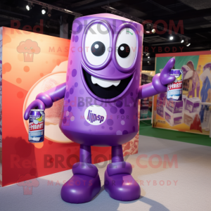 Purple Soda Can mascot costume character dressed with a Romper and Foot pads