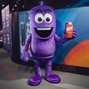 Purple Soda Can mascot costume character dressed with a Romper and Foot pads