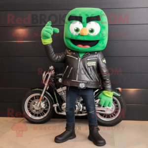 Forest Green Burgers mascot costume character dressed with a Biker Jacket and Scarf clips