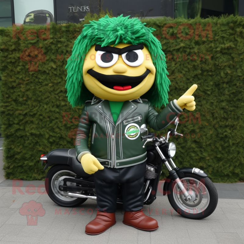 Forest Green Burgers mascot costume character dressed with a Biker Jacket and Scarf clips