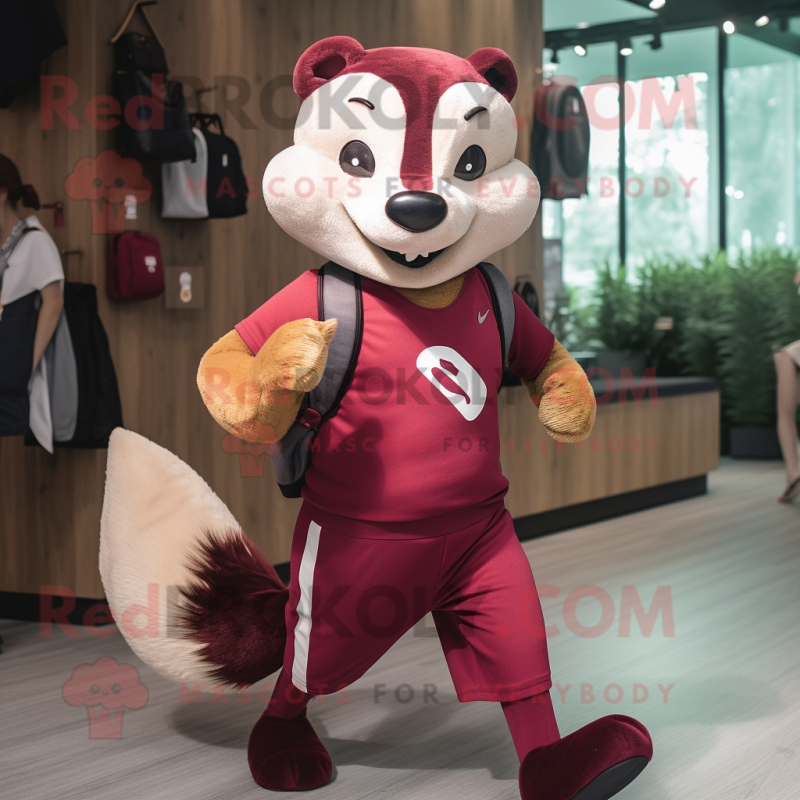 Maroon Marten mascot costume character dressed with a Running Shorts and Handbags Maroon Marten mascot costume character dressed with a Running Shorts and Handbags
