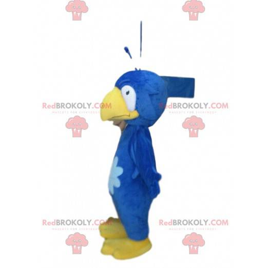 Mascotte d'oiseau bleu et jaune, costume d'oisillon en peluche