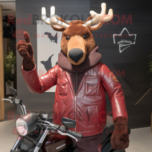 Maroon Elk mascot costume character dressed with a Moto Jacket and Mittens