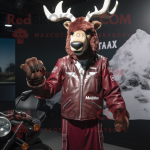 Maroon Elk mascot costume character dressed with a Moto Jacket and Mittens