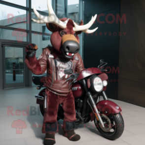 Maroon Elk mascot costume character dressed with a Moto Jacket and Mittens