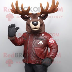 Maroon Elk mascot costume character dressed with a Moto Jacket and Mittens