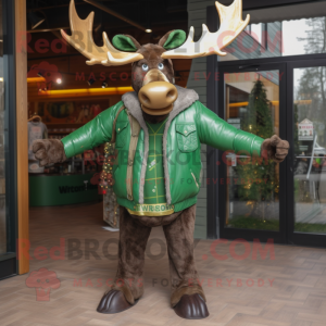 Green Moose mascot costume character dressed with a Leather Jacket and Cummerbunds