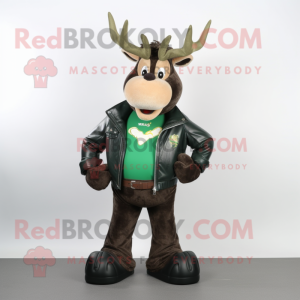 Green Moose mascot costume character dressed with a Leather Jacket and Cummerbunds