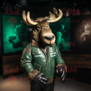 Green Moose mascot costume character dressed with a Leather Jacket and Cummerbunds