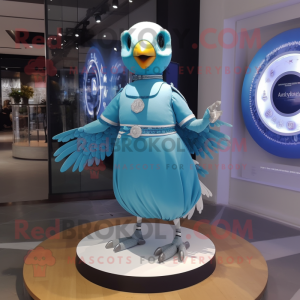 Cyan Dove mascot costume character dressed with a Circle Skirt and Bracelet watches