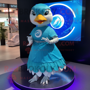 Cyan Dove mascot costume character dressed with a Circle Skirt and Bracelet watches