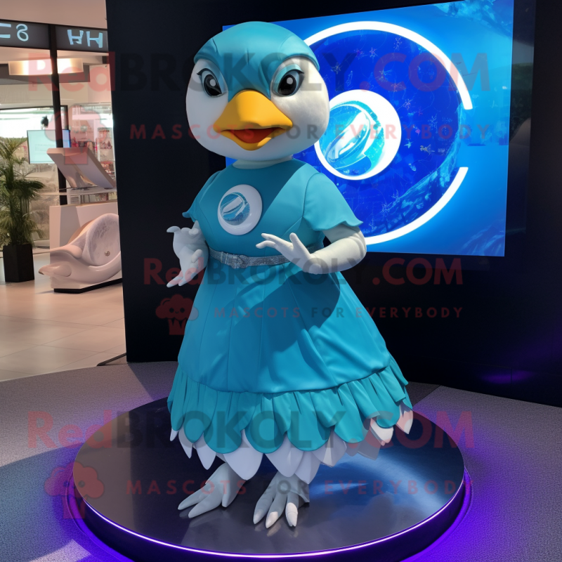 Cyan Dove mascot costume character dressed with a Circle Skirt and Bracelet watches Cyan Dove mascot costume character dressed with a Circle Skirt and Bracelet watches