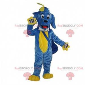 Blue and yellow dog mascot, colorful doggie costume -