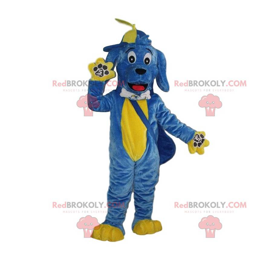 Blaues und gelbes Hundemaskottchen, buntes Hundekostüm -