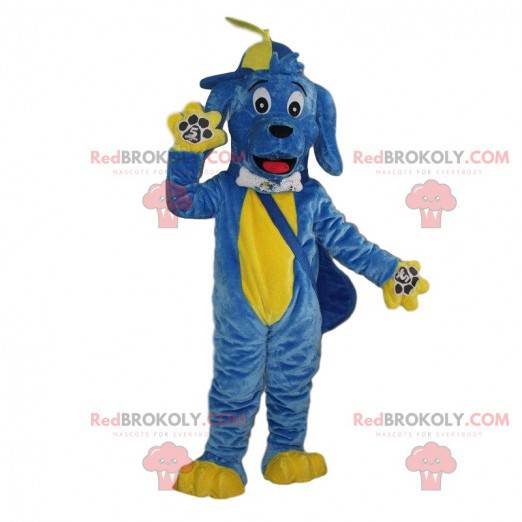 Blå og gul hundemaskot, fargerik hundedrakt - Redbrokoly.com