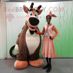 Peach Okapi mascot costume character dressed with a Evening Gown and Shoe laces