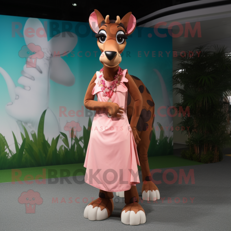 Peach Okapi mascot costume character dressed with a Evening Gown and Shoe laces