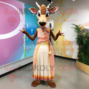 Peach Okapi mascot costume character dressed with a Evening Gown and Shoe laces