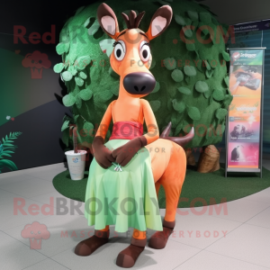 Peach Okapi mascot costume character dressed with a Evening Gown and Shoe laces