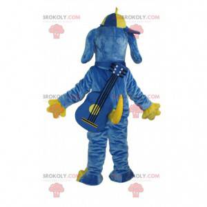 Blue and yellow dog mascot, colorful doggie costume -