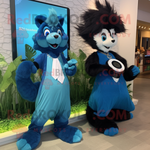 Blue Skunk mascot costume character dressed with a Maxi Dress and Digital watches