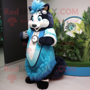 Blue Skunk mascot costume character dressed with a Maxi Dress and Digital watches