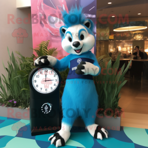 Blue Skunk mascot costume character dressed with a Maxi Dress and Digital watches