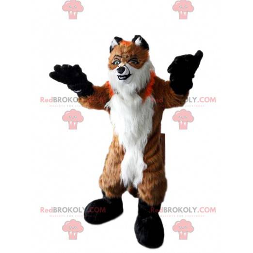 Mascotte volpe pelosa, arancione e bianco, costume da foresta -