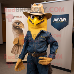 Gold Hawk mascot costume character dressed with a Denim Shirt and Hat pins
