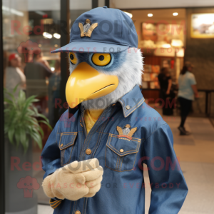 Gold Hawk mascot costume character dressed with a Denim Shirt and Hat pins