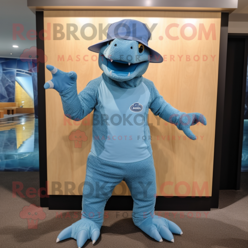 Blue Komodo Dragon mascot costume character dressed with a Swimwear and Hats Blue Komodo Dragon mascot costume character dressed with a Swimwear and Hats