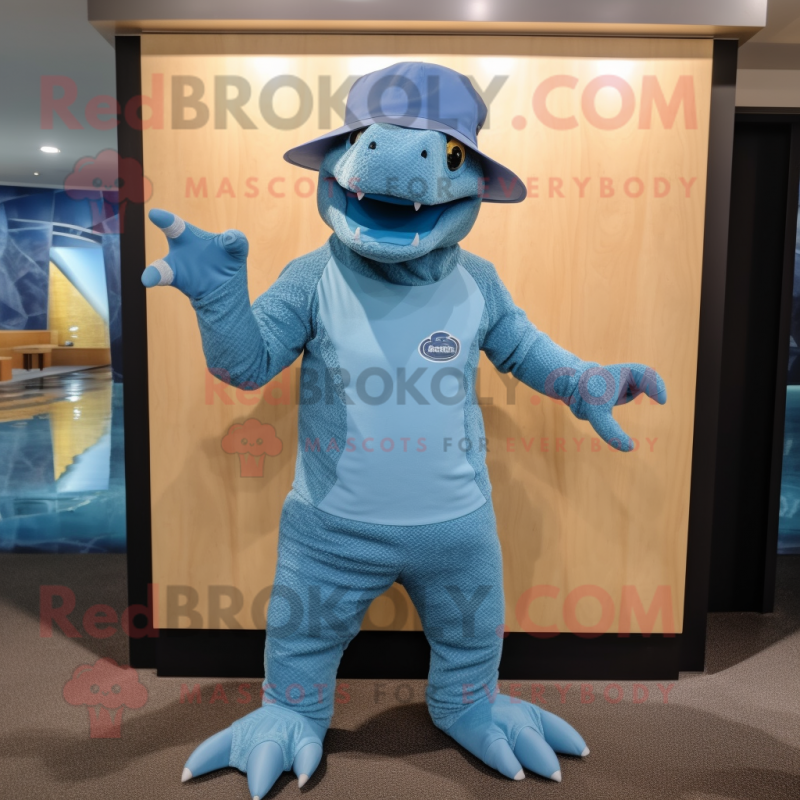 Blue Komodo Dragon mascot costume character dressed with a Swimwear and Hats