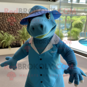 Blue Komodo Dragon mascot costume character dressed with a Swimwear and Hats